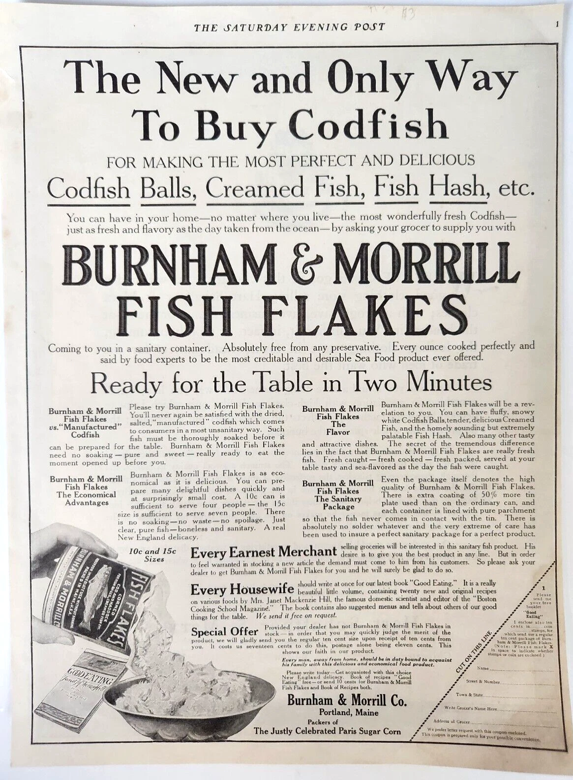 A Saturday Evening Post advertisement, circa 1910s, for Burnham & Morrill Fish Flakes